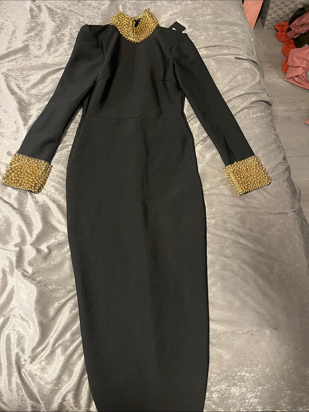 Fashion Nova Black Long Sleeve Midi Dress with Gold Beaded Collar & Cuffs